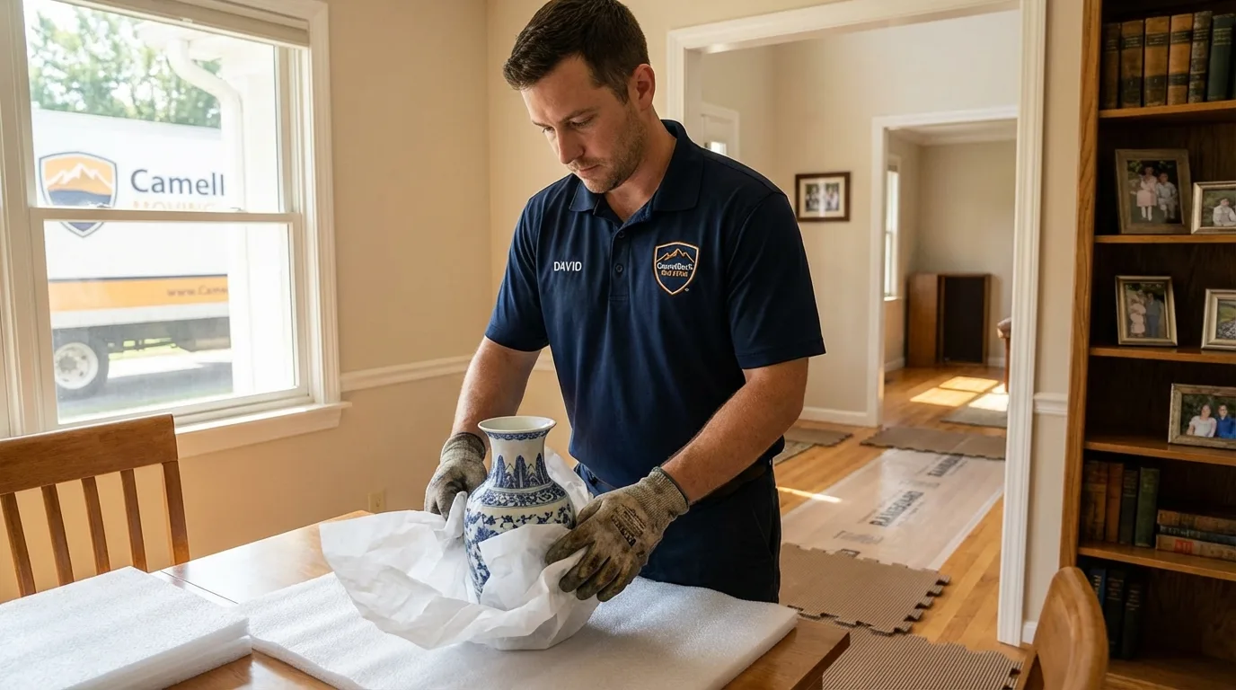 Professional crew carefully wrapping antique vase for senior downsizing move in Williamsburg, KY